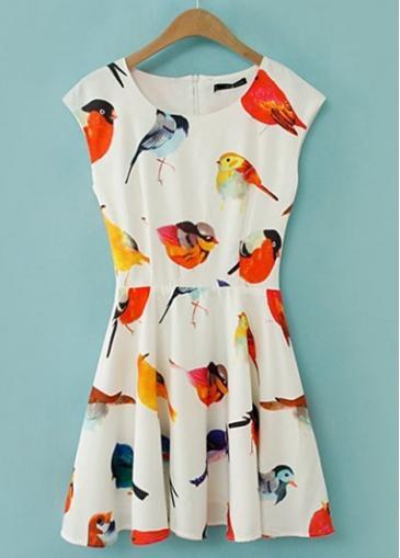 Rosewe New Arriving Bird Print Zip Fly Skater Dress