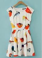 Rosewe New Arriving Bird Print Zip Fly Skater Dress