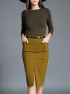 Shein Khaki Knit Top With Belted Split Skirt