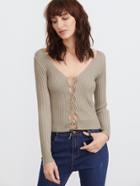Shein Double V Neck Lace Up Ribbed Sweater