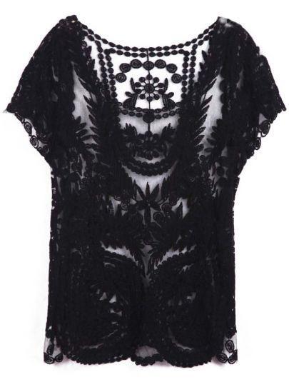 Shein Black White Half Sleeve Loose Lace T-shirt