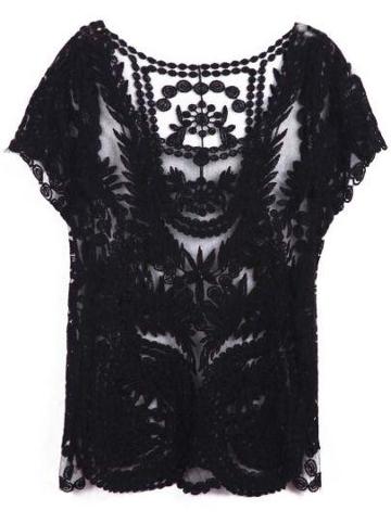 Shein Black White Half Sleeve Loose Lace T-shirt