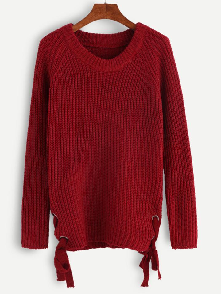 Shein Burgundy Raglan Sleeve Eyelet Tie Side Sweater