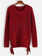 Shein Burgundy Raglan Sleeve Eyelet Tie Side Sweater