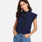 Shein Bow Tied Frilled Neck Button Back Blouse