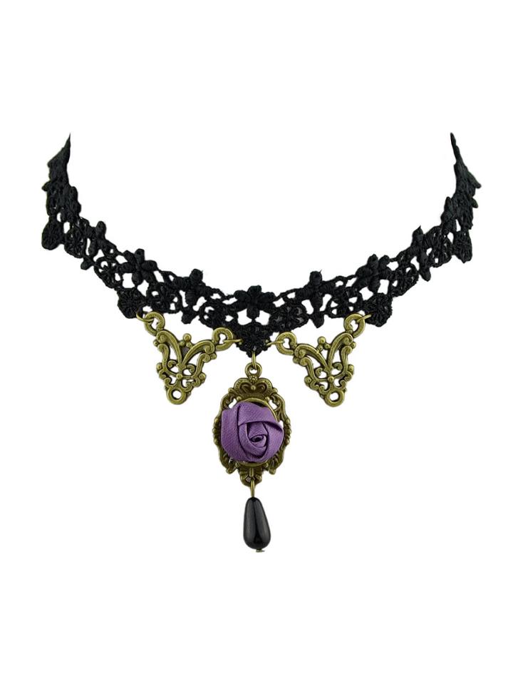 Shein Purple Color Rose Flower Lace Sexy Necklace