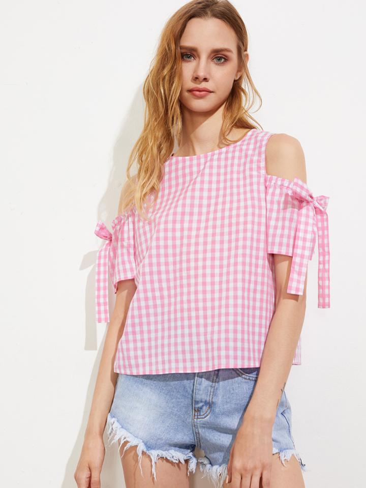 Shein Bow Tie Open Shoulder Button Back Checkered Top