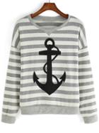 Shein Grey White Striped Anchor Patterned Print Sweatshirt