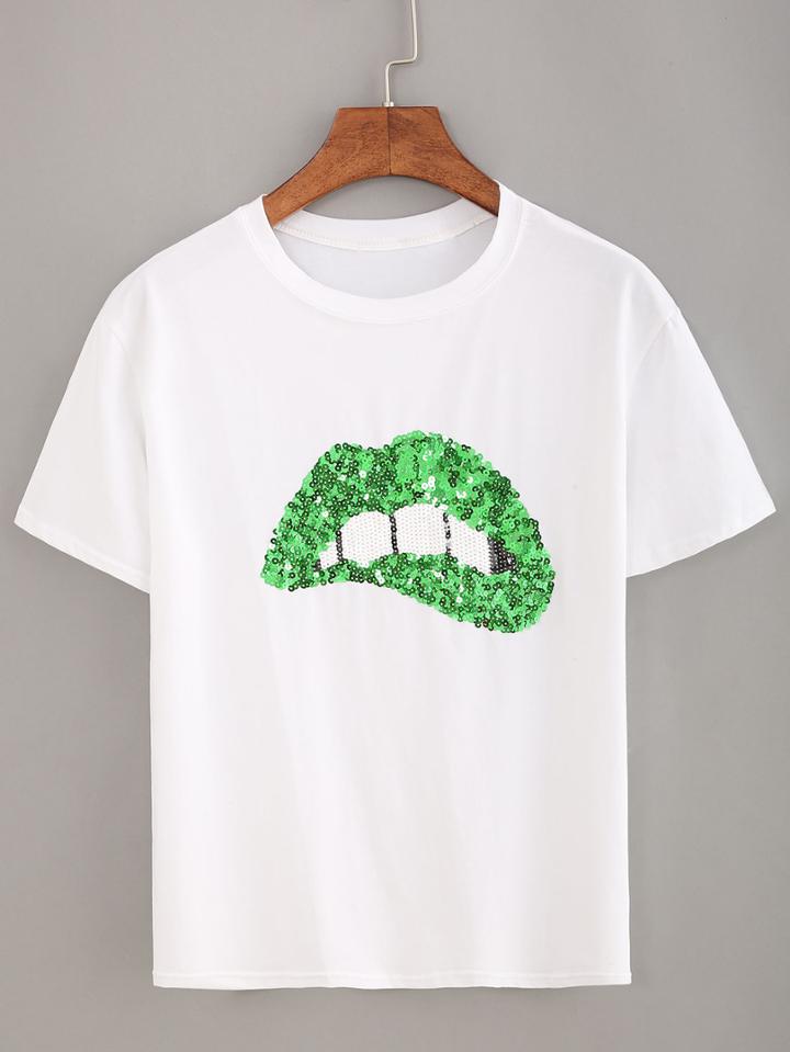 Shein Sequin Lip T-shirt - White