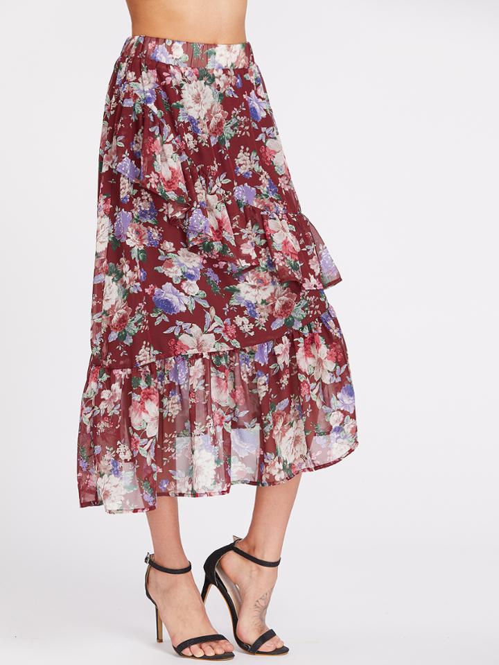 Shein Flower Cluster Print Asymmetric Frill Skirt