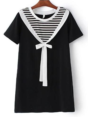 Shein Black And White Round Neck Stripe Bow Dress