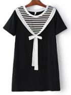 Shein Black And White Round Neck Stripe Bow Dress