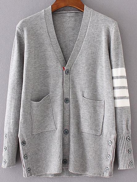 Shein Grey Striped Sleeve Button Up Cardigan