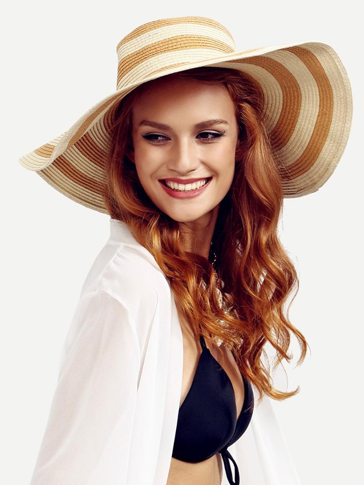 Shein Khaki Striped Large Brimmed Straw Hat
