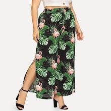 Shein Plus Flamingo Print Split Hem Wide Leg Pants