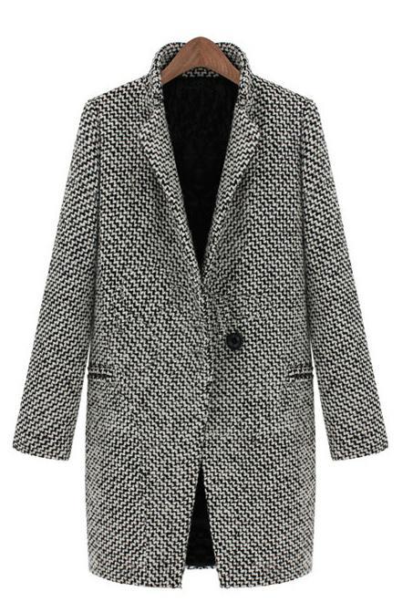 Shein Black White Notch Stand Collar Long Sleeve Oversize Houndstooth Coat