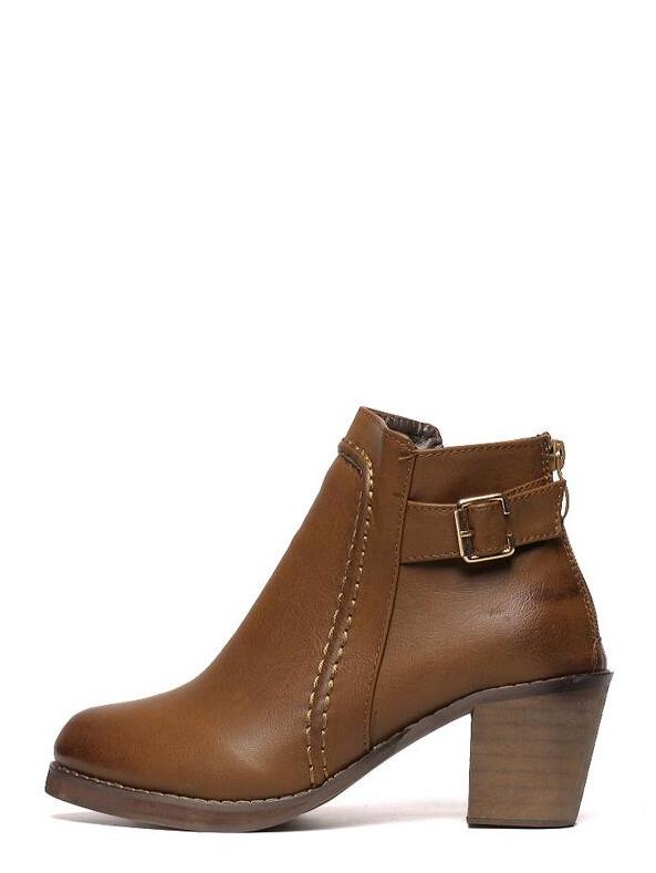 Shein Brown Faux Leather Buckle Back Zipper Cork Heeled Boots