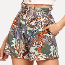 Shein Tiger Print Belted Shorts