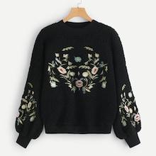 Shein Flower Embroidery Teddy Pullover
