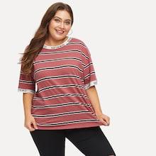 Shein Plus Letter Tape Trim Striped Tee