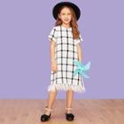 Shein Girls Faux Feather Hem Grid Tweed Dress