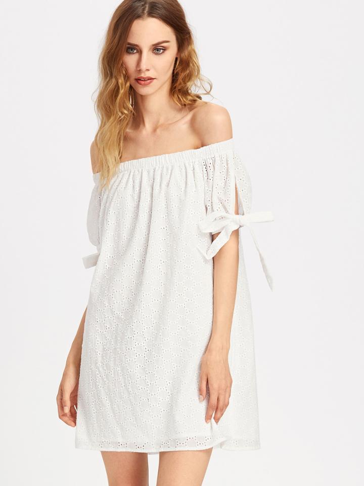 Shein Bardot Eyelet Embroidered Split Tie Sleeve Dress