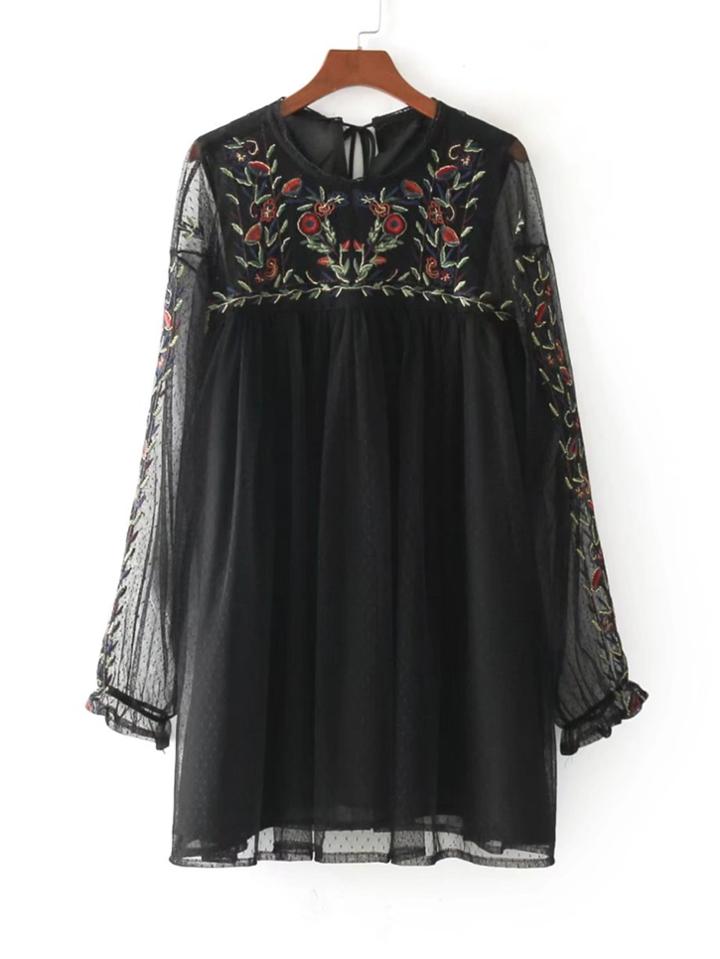 Shein Tassel Tie Back Embroidered Mesh Dress
