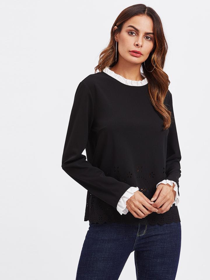 Shein Contrast Ruffle Trim Scallop Laser Cut Top