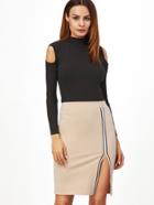 Shein Khaki Striped Trim Slit Front Skirt