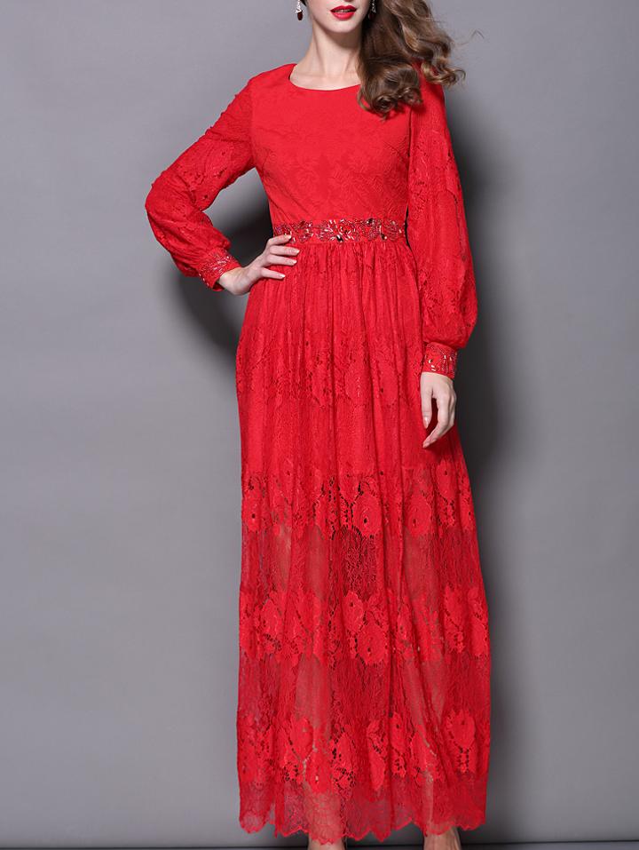 Shein Red Round Neck Long Sleeve Beading Lace Dress