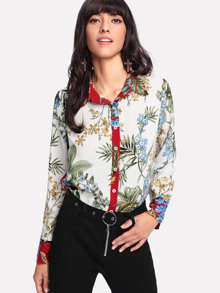 Shein Button Up Botanical Print Shirt