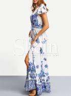 Shein Blue Print In White Cap Sleeve Maxi Dress