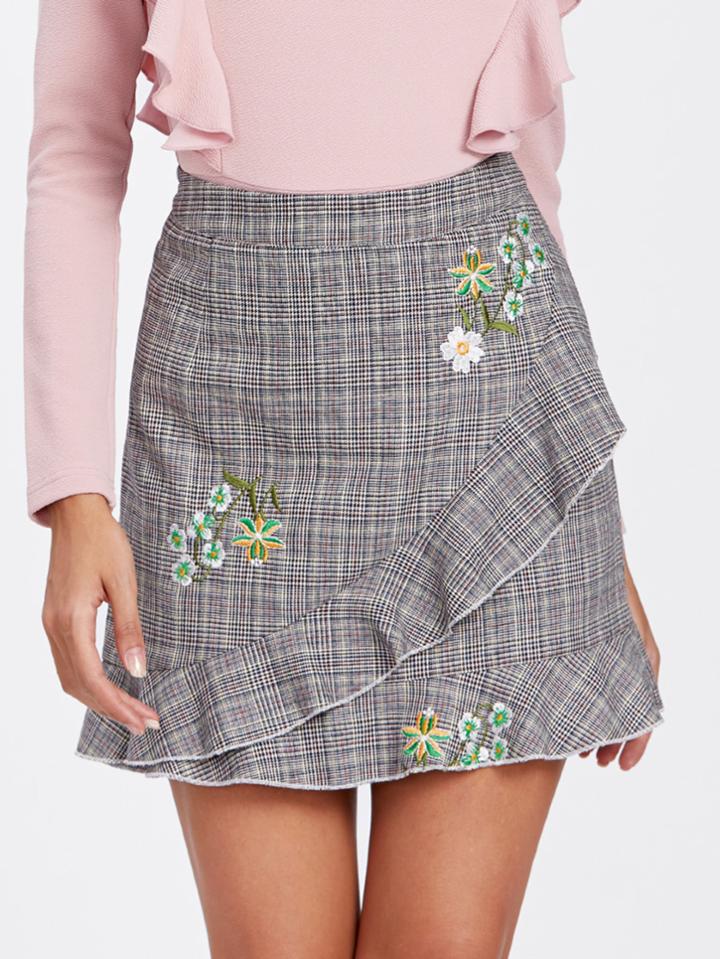 Shein Flower Embroidered Frilled Plaid Skirt