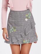 Shein Flower Embroidered Frilled Plaid Skirt