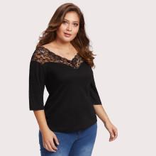 Shein Plus V Neckline Lace Panel Tee