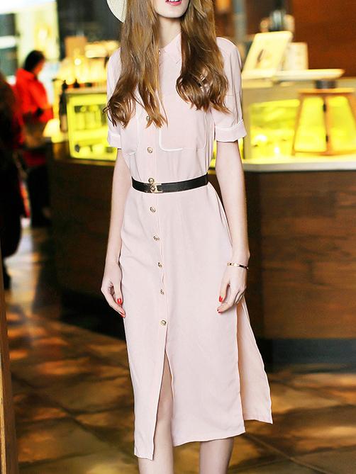 Shein Pink Lapel Belted Pockets Split Dress