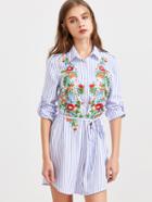 Shein Blue Striped Flower Embroidered Shirt Dress With Belt
