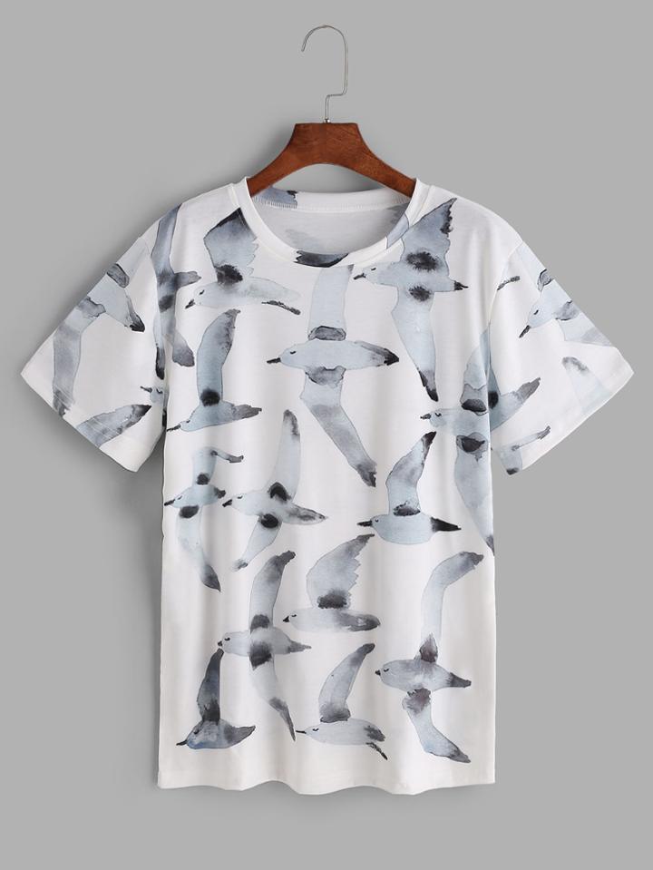 Shein White Watercolor Painting Print T-shirt