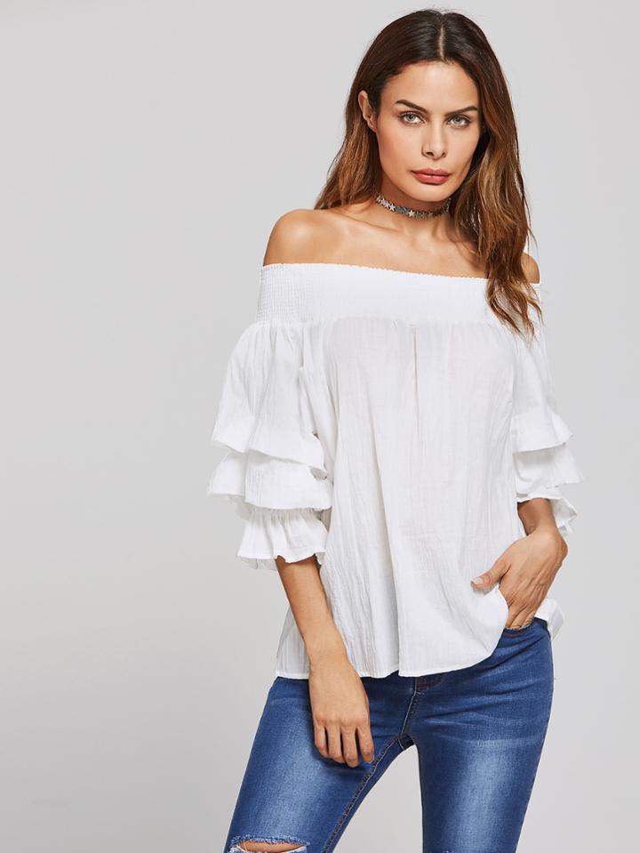 Shein Shirred Bardot Ruched Sleeve Frill Top