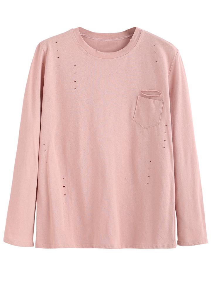 Shein Pink Hollow Out Long Sleeve T-shirt