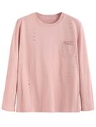 Shein Pink Hollow Out Long Sleeve T-shirt
