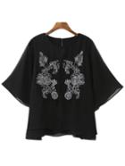 Shein Black Bell Sleeve Keyhole Back Embroidery Blouse