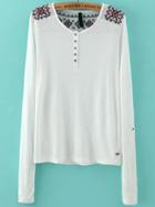 Shein White Long Sleeve Buttons Embroidered T-shirt