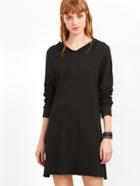 Shein Black Slit Side Raw Hem Hooded Sweatshirt Dress