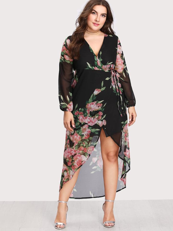 Shein Random Florals Chiffon Wrap Dress