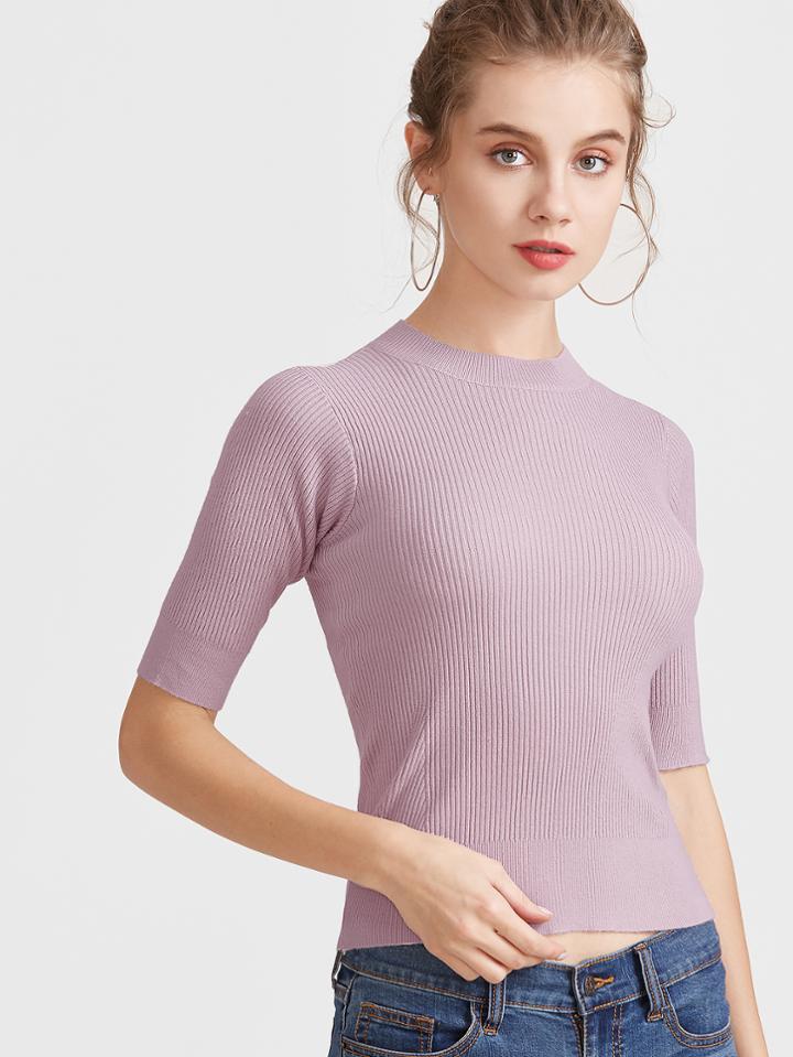 Shein Pink Crew Neck Elbow Sleeve Ribbed T-shirt