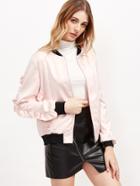 Shein Pink Contrast Trim Ruffle Bomber Jacket