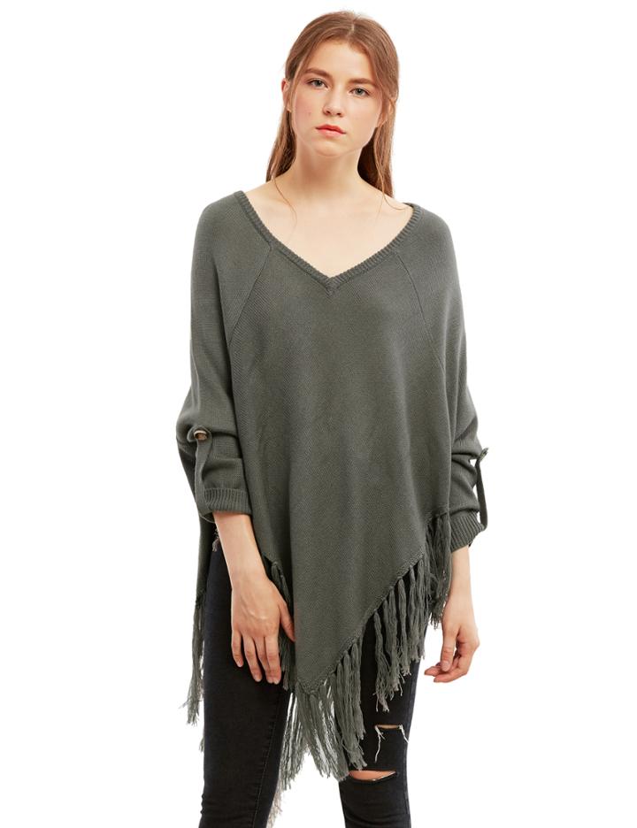 Shein Grey Tassel Hem Roll Up Sleeve Sweater