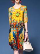 Shein Yellow V Neck Flowers Print Shift Dress