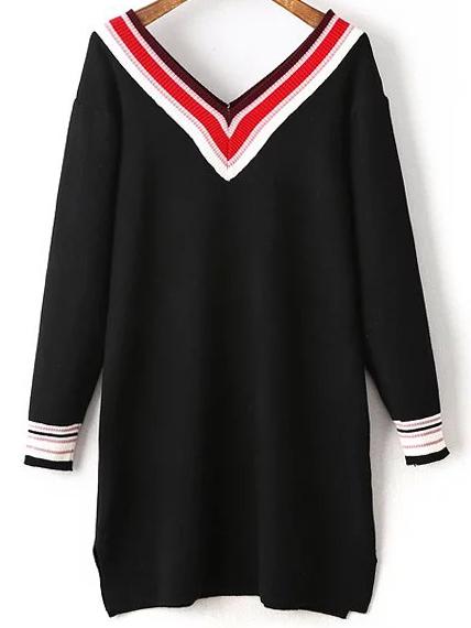 Shein Black Striped Trim Double V Neck Knit Dress